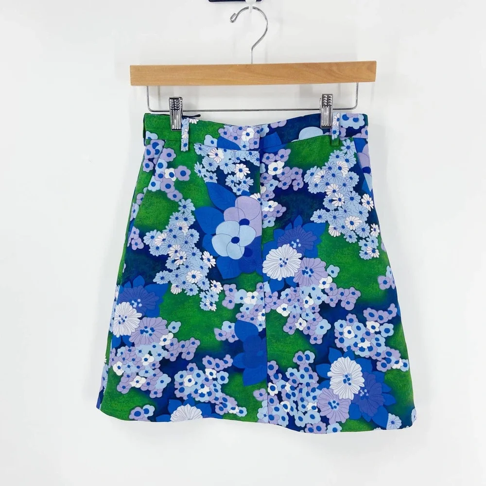 Carven Blue and Green Cady Floral Printed Mini Skirt - Picture 6 of 10